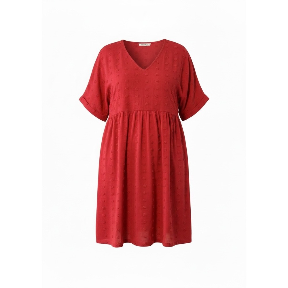 Jodifl Red Swiss Dot V-Neck Babydoll Dress Plus Size 1X Short Cuffed Sleeve